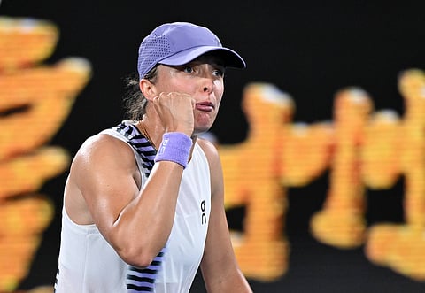 Iga Swiatek celebrates winning against Anna Kalinskaya