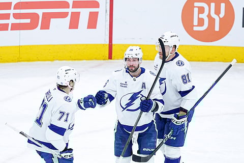 Nikita Kucherov celebrates his goal against Chicago Blackhawks
