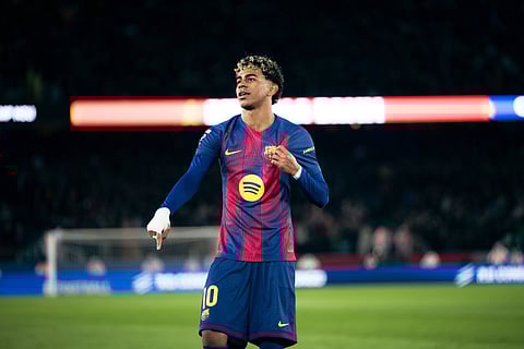 Lamine Yamal celebrates his goal against Real Oviedo