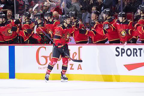 Ottawa Senators celebrate a goal against Vegas Golden Knights
