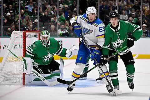 Dallas Stars and St. Louis Blues players in action