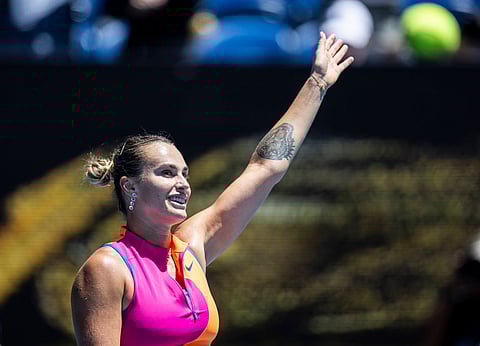 Aryna Sabalenka celebrates her win over Iva Jovic