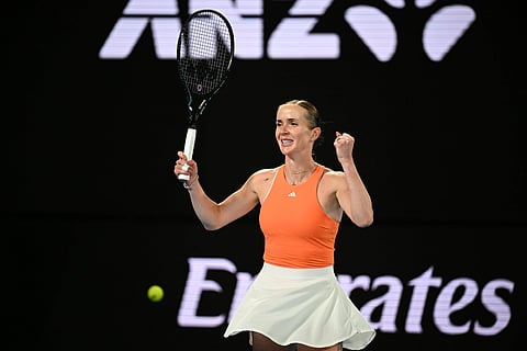 Elina Svitolina celebrates her win over Coco Gauff