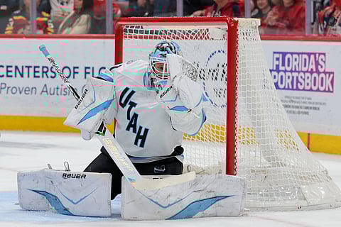 Utah Mammoth goaltender Vitek Vanecek in action against Florida Panthers