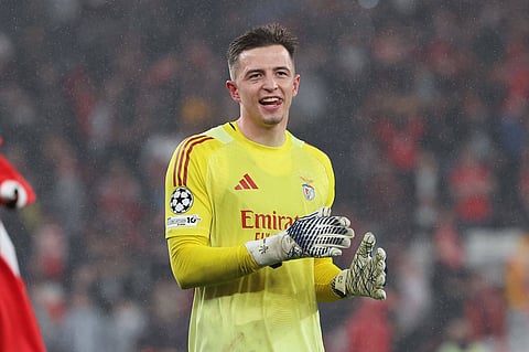 Goalkeeper Anatoliy Trubin applauds the fans after win over Real Madrid