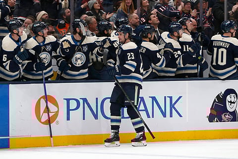 Sean Monahan celebrates his winning goal for Columbus Blue Jackets