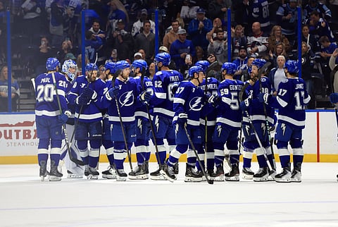 Tampa Bay Lightning players celebrate their win over Winnipeg Jets