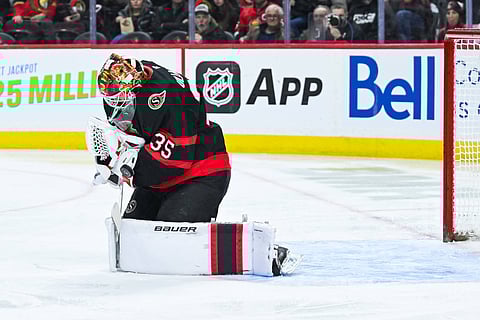 Linus Ullmark makes a save for Ottawa Senators
