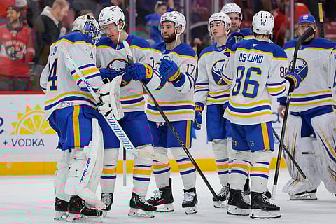 Buffalo Sabres players celebrate win over Florida Panthers