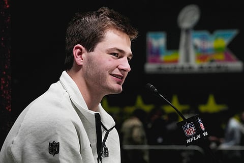 New England Patriots Drake Maye speaks to the media