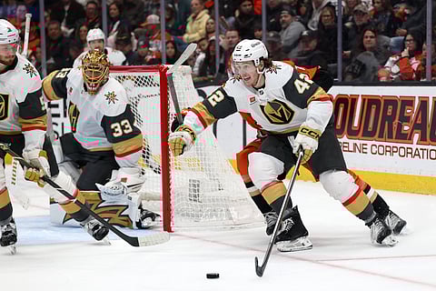 Vegas Golden Knights' Braeden Bowman controls the puck during an NHL game