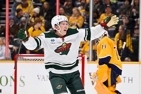 Matt Boldy celebrates the winning goal against Nashville Predators