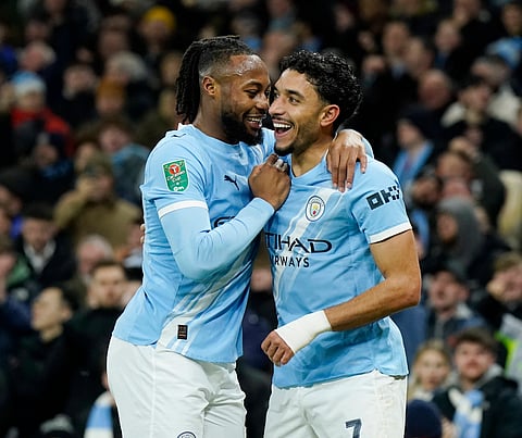 Omar Marmoush celebrates scoring the first goal for Manchester City