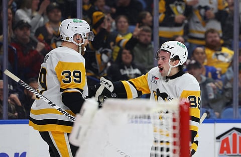 Avery Hayes celebrates after scoring his second goal against Buffalo Sabres