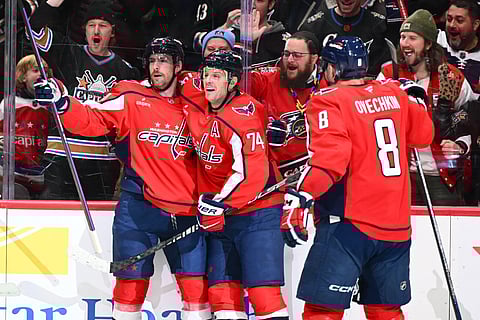 Pierre-Luc Dubois celebrates after scoring against Nashville Predators