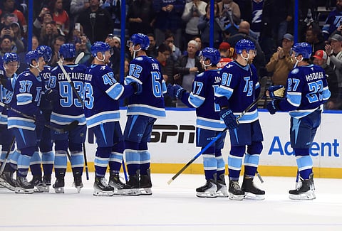 Tampa Bay Lightning players celebrate their win over Florida Panthers