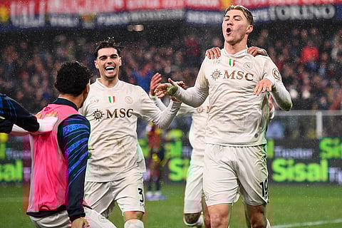 Rasmus Hojlund celebrates after scoring the winning goal for Napoli