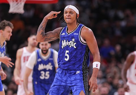 Paolo Banchero of Orlando Magic reacts after a basket