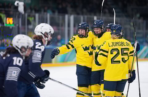Sweden celebrates a goal against France