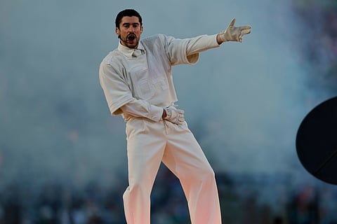 Bad Bunny performs during the halftime show at Super Bowl LX