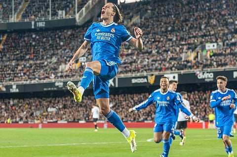 Alvaro Carreras celebrates his goal against Valencia