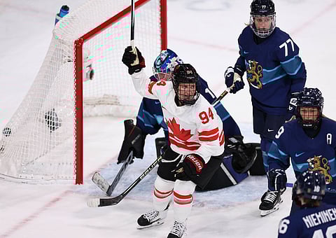 Jennifer Gardiner celebrates his goal against Finland