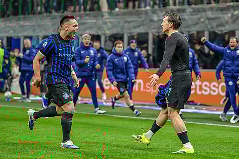Piotr Zielinski celebrates after scoring the winning goal for Inter Milan