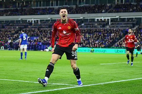 Benjamin Sesko celebrates after scoring the winning goal for Manchester United