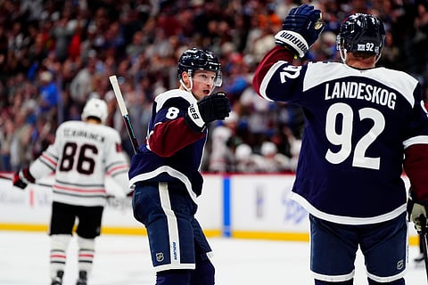Cale Makar celebrates his goal with Gabriel Landeskog