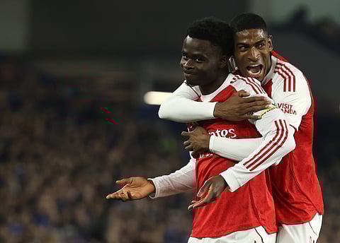 Buyako Saka celebrates his goal for Arsenal