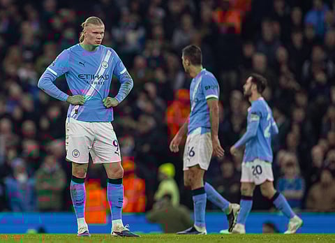 Erling Haaland reacts as Nottingham Forest scores an equaliser for the second time