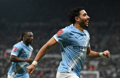 Omar Marmoush celebrates after scoring the second goal for Manchester City
