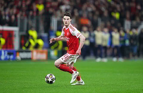 Arsenal midfielder Declan Rice in action against Bayer Leverkusen