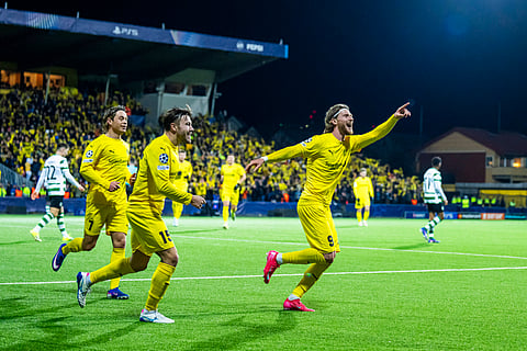 Kasper Hogh celebrates his goal against Sporting Lisbon