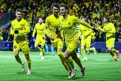Bodo/Glimt players celebrate a goal against Sporting Lisbon