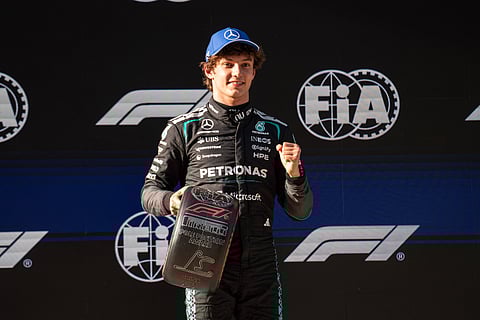 Kimi Antonelli poses with the Pirelli pole position award