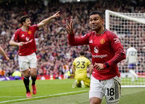 Casemiro celebrates after scoring the first goal for United
