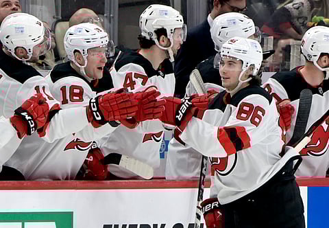 New Jersey Devils players celebrate a goal