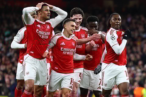 Eberechi Eze celebrates his wonder goal against Bayer Leverkusen with teammates