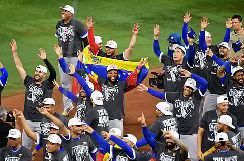 Team Venezuela celebrates after winning the World Baseball Classic