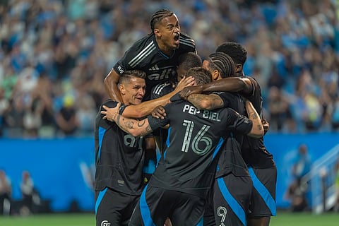 Charlotte FC team celebrate goal against New York Red Bulls