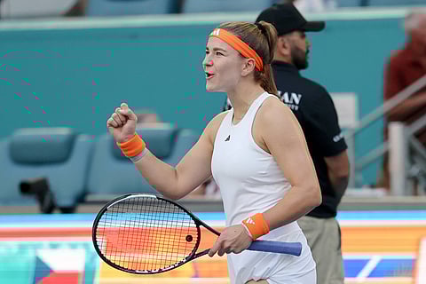 Karolina Muchova celebrates her win at the Miami Open