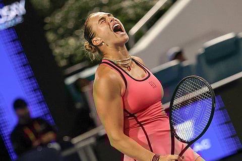 Aryna Sabalenka celebrates her win over Elena Rybakina