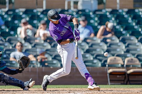 Colorado Rockies' Ryan Ritter in action during training game
