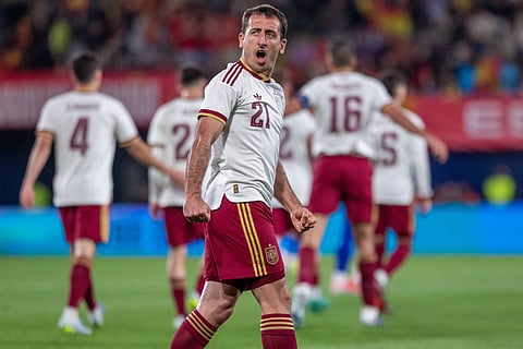 Mikel Oyarzabal celebrates after scoring against Serbia