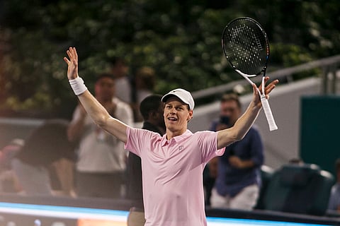 Jannik Sinner celebrates after beating Zverev