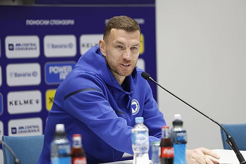 Edin Dzeko attends the pre-match press conference