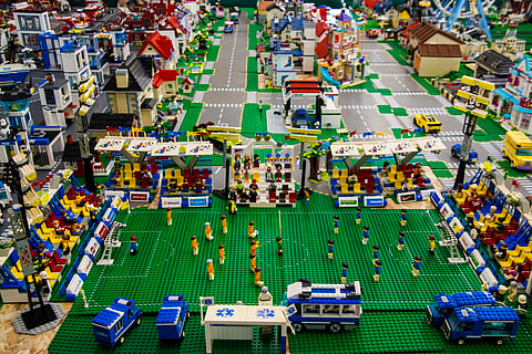 A display of a football pitch using Lego toys