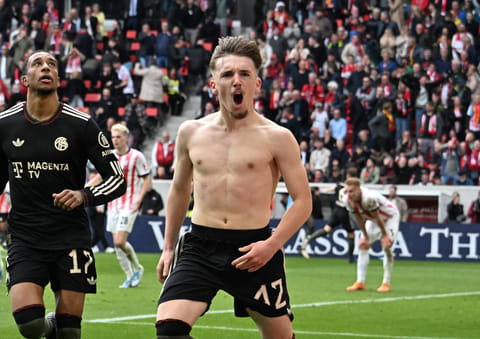 Lennart Karl celebrates after scoring the winner for Bayern Munich
