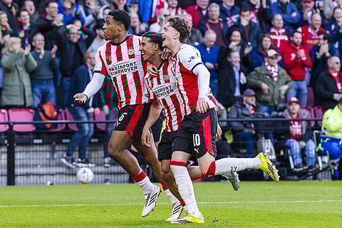 PSV Eindhoven players celebrates their win over FC Utrecht